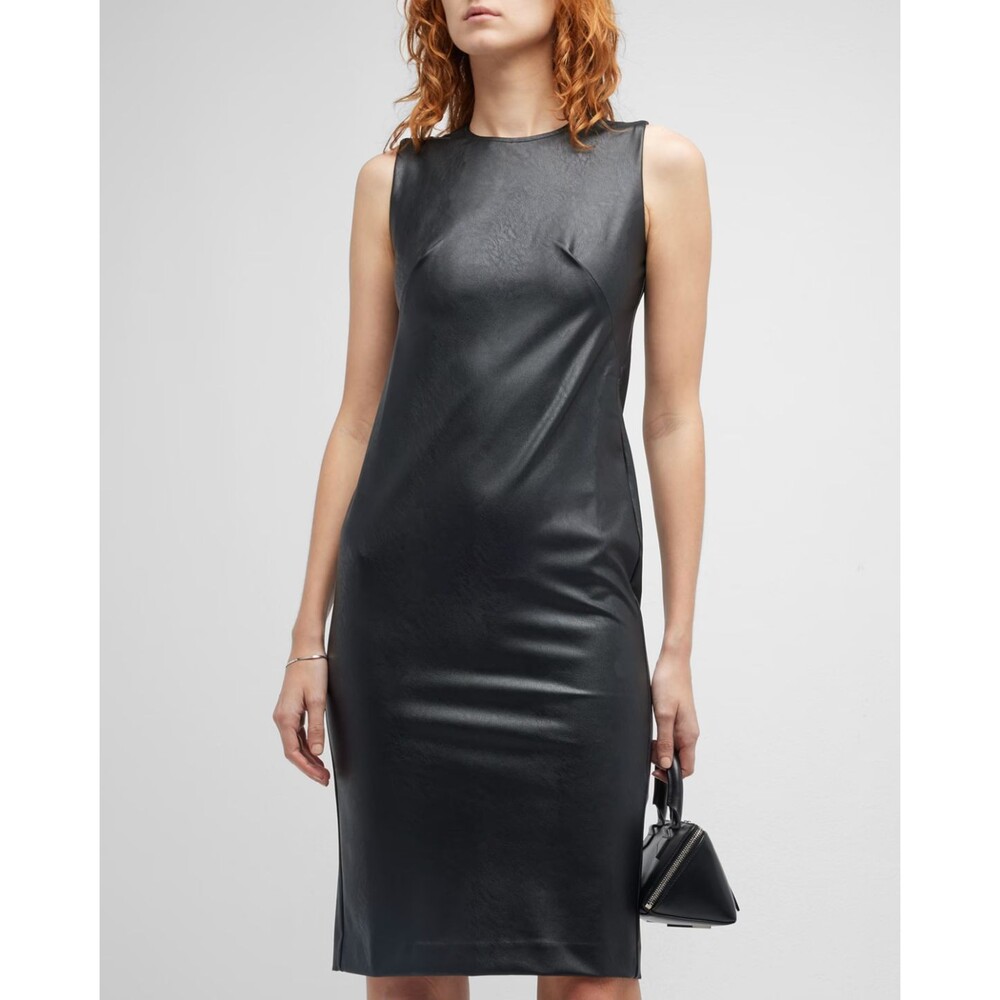 NWT Spanx Womens Black Faux Leather Sheath Dress Midi Length Size Large RT $228